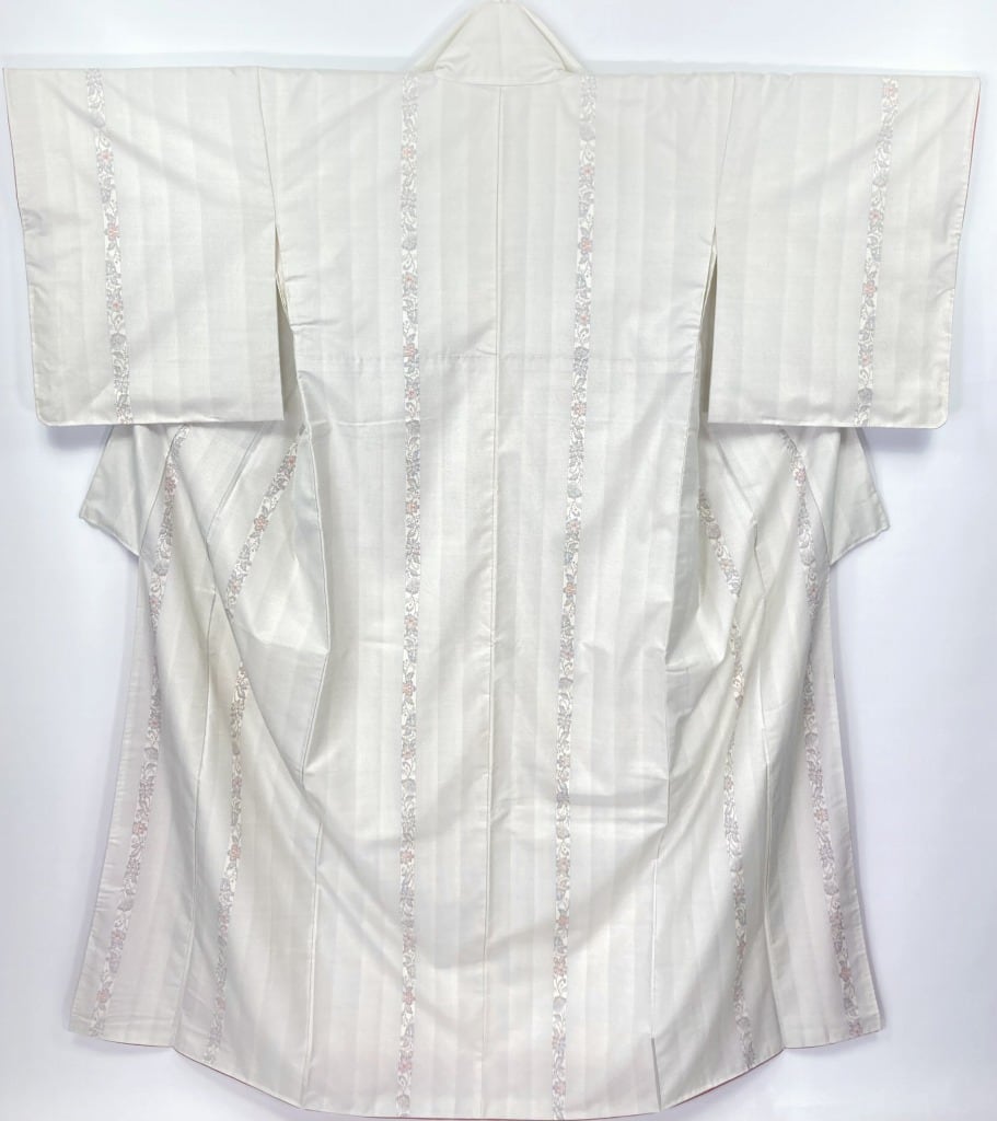 未使用 白大島 証紙付き 本場大島紬 袷 正絹 縦縞 唐花 小紋 白 水色