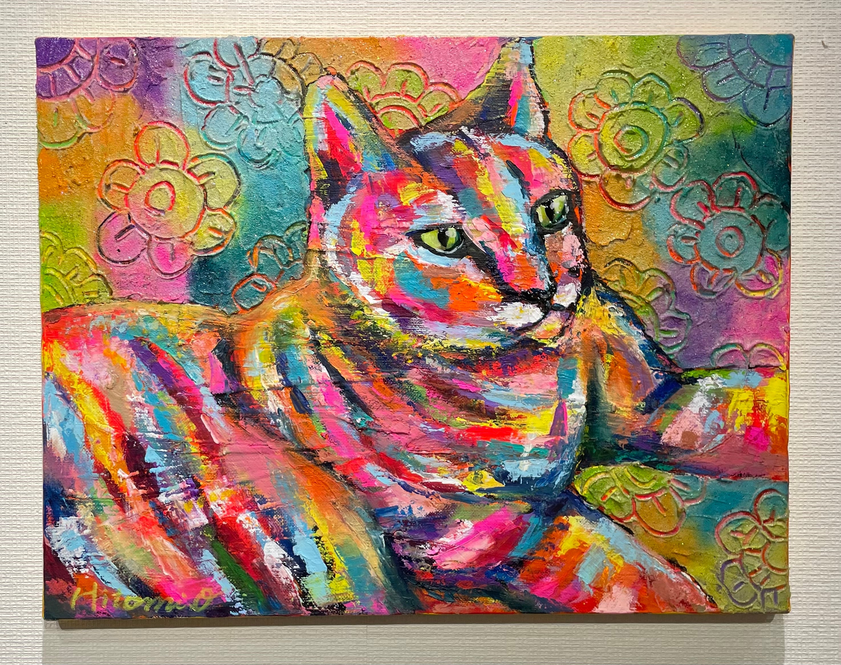 A-62/24】動物画 猫 ネコ アクリル画 原画 絵画 現代アート キャンバス
