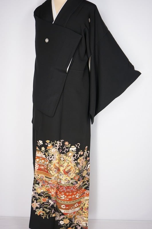 作家物 金駒刺繍 金彩友禅 黒留袖 比翼仕立て 正絹 五つ紋 唐花 黒 364