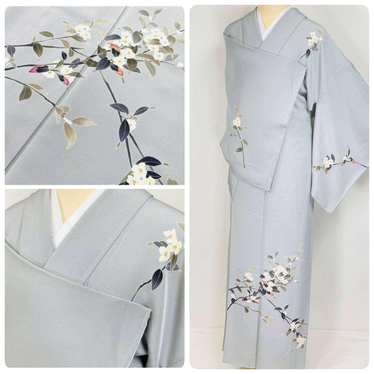 本加賀友禅 南克治 未使用 椿 訪問着 花柄 正絹 白銅色 グレー 水色