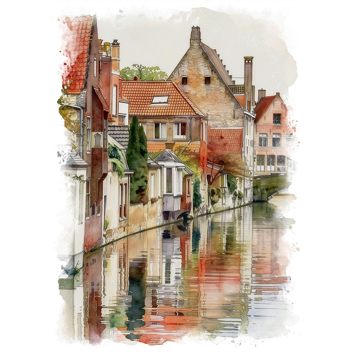 絵画 風景画(街並み) ベルギー ブルージュの運河沿いの風景 インテリア