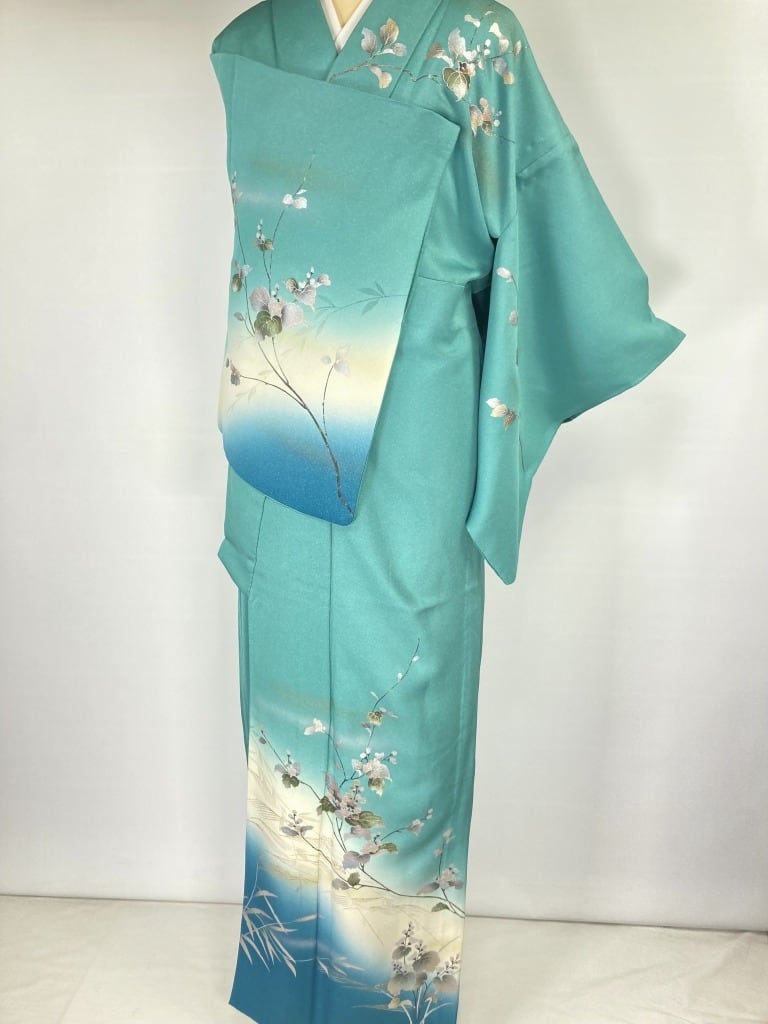 単衣】 螺鈿 金彩友禅 さが美謹製 花柄 訪問着 正絹 青緑 エメラルド