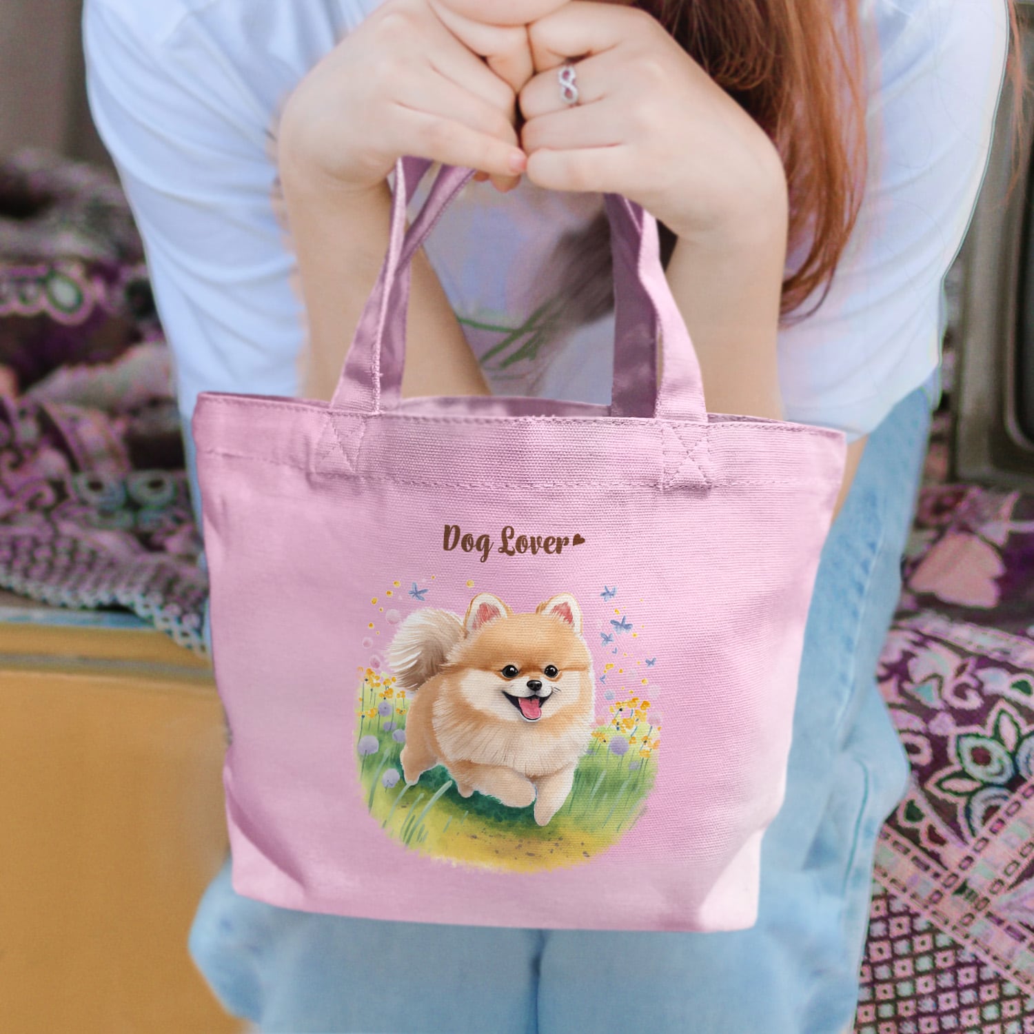 自然に囲まれた ポメラニアン 】ミニキャンバス トートバッグ 犬