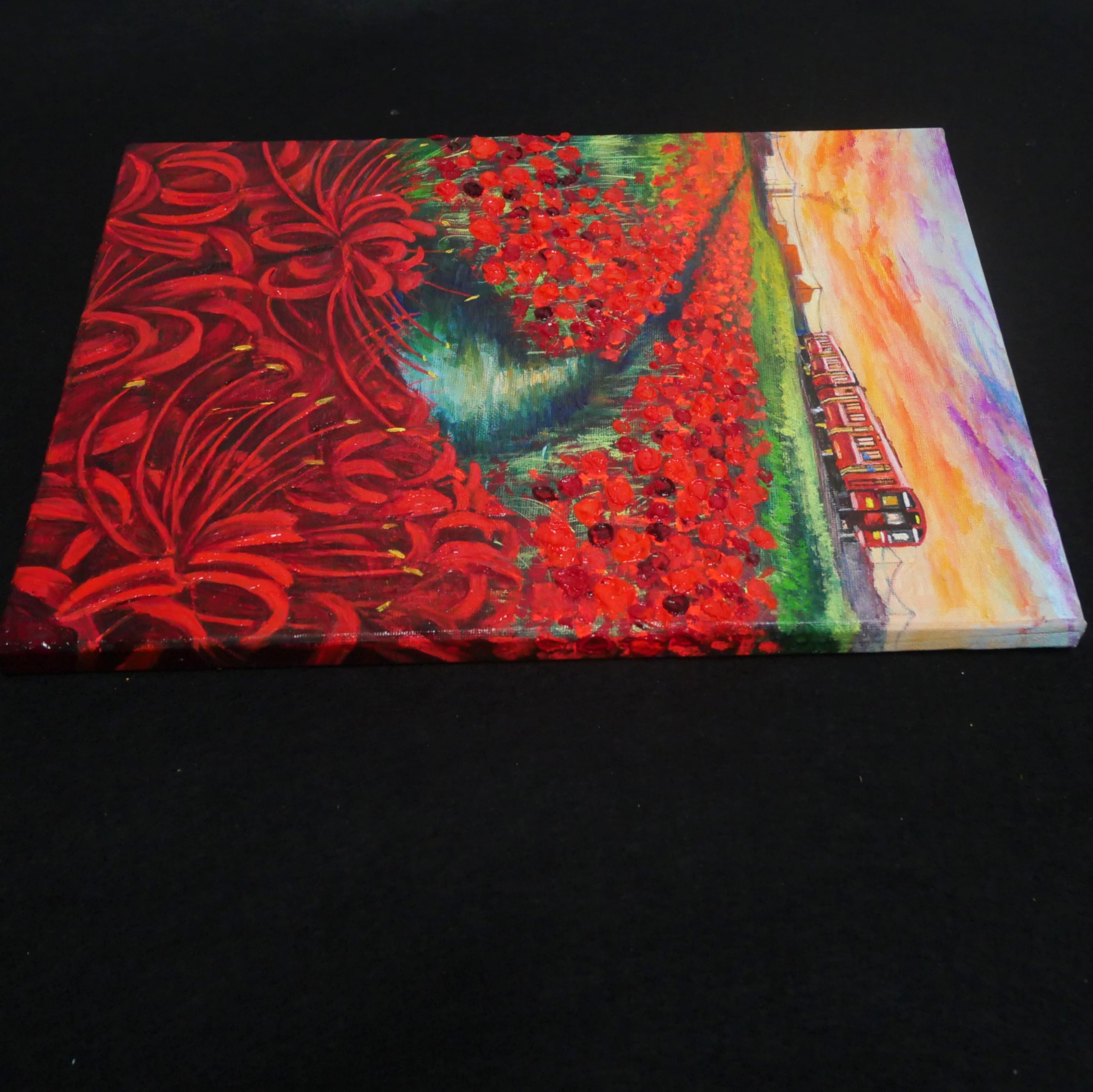 油絵 油彩 油彩画 絵画【彼岸花と赤い電車】 | HIROSHI1990