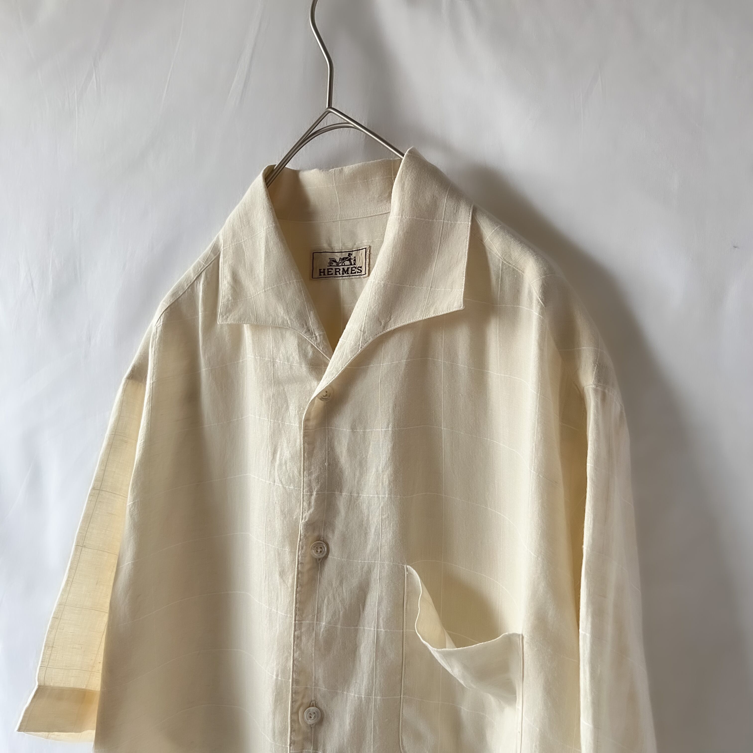 90s “Hermes” linen open collar shirt 90年代 エルメス リネン