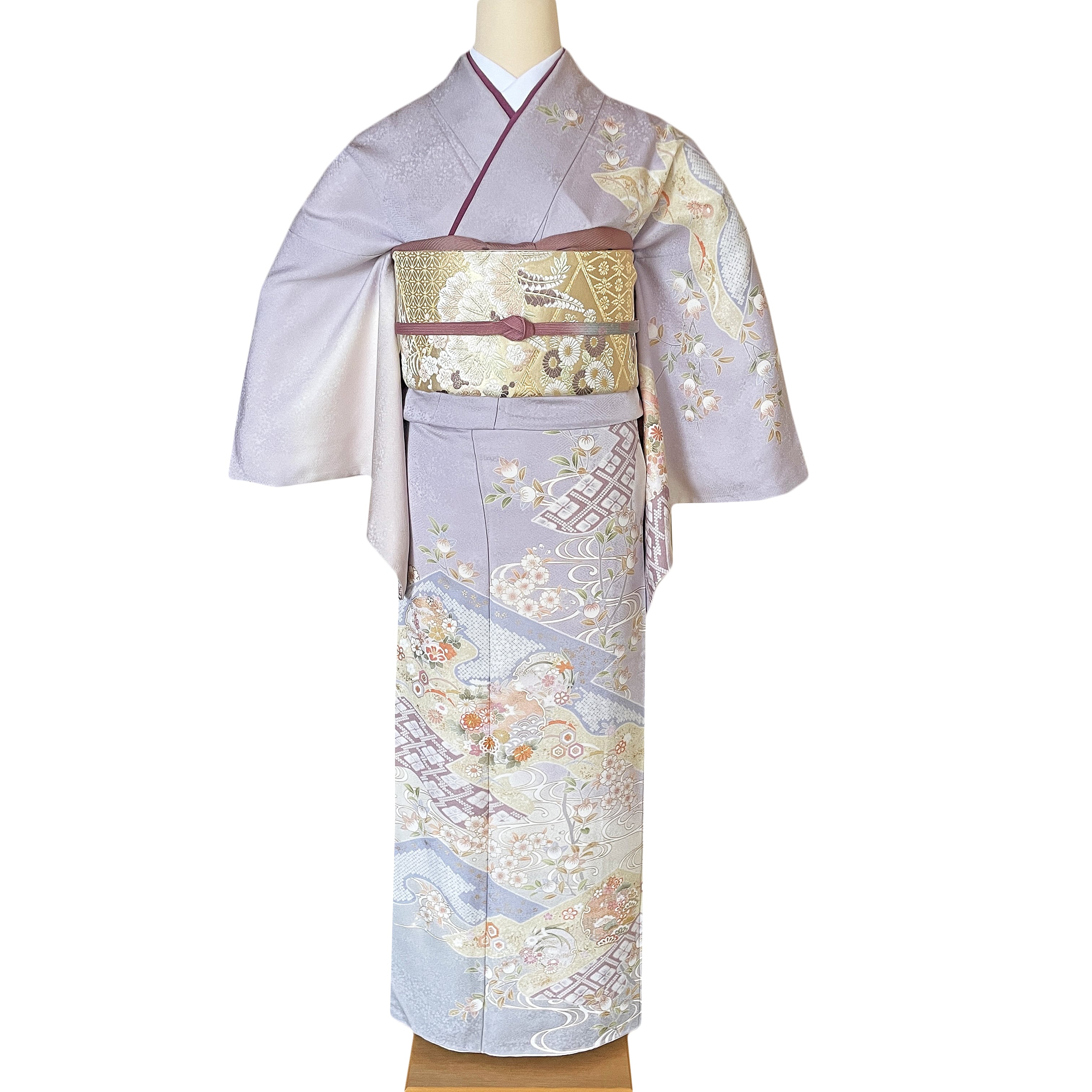 hu18】訪問着レンタル□極薄紫さや型生地に上品な桜・橘・鹿の子・流水