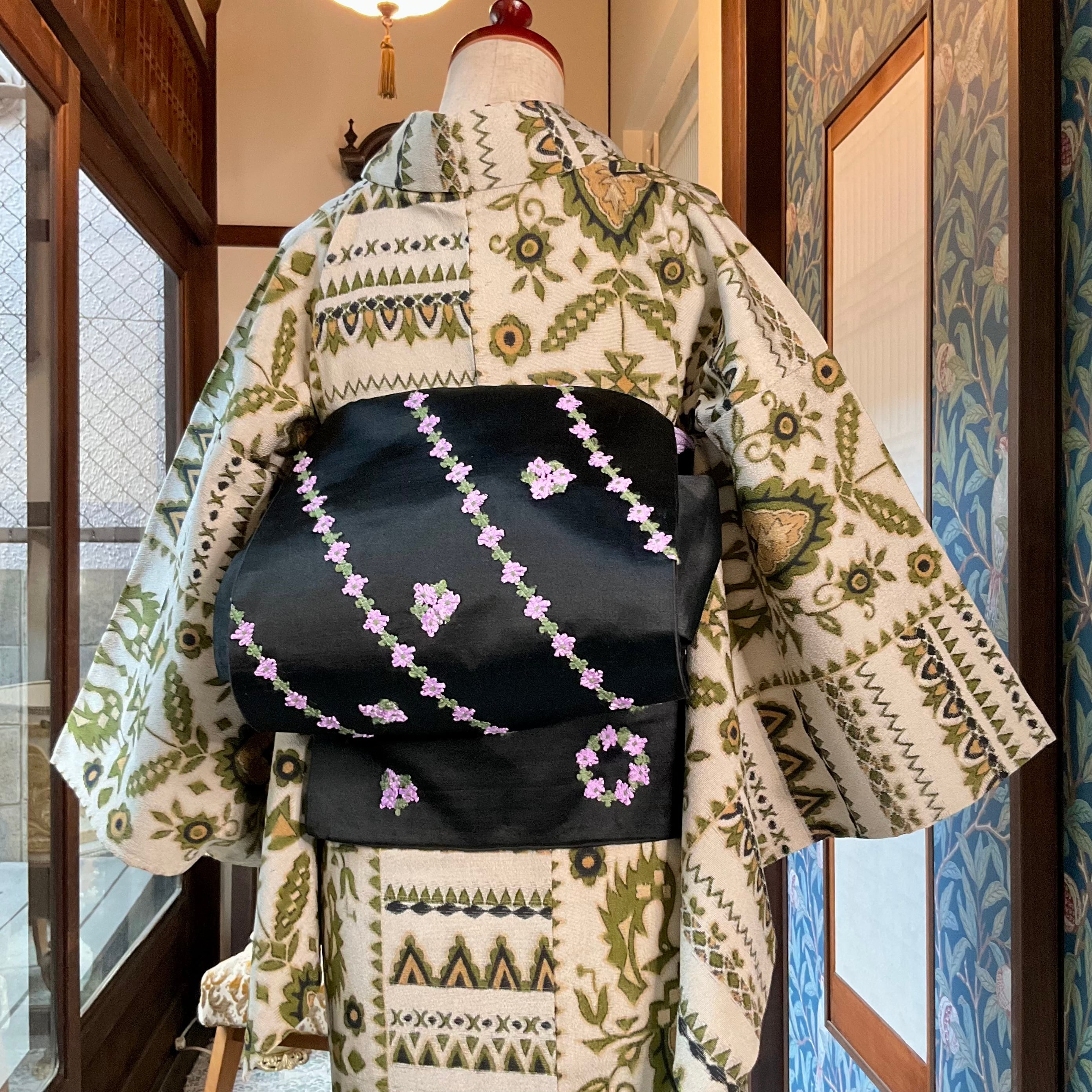 flower ribbon＊花 リボン 刺繍 繻子 パープル ピンク アンティーク