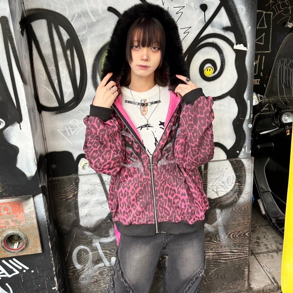 渋谷店で人気】ラインストーン ネコ耳レオパードファーZIPパーカー