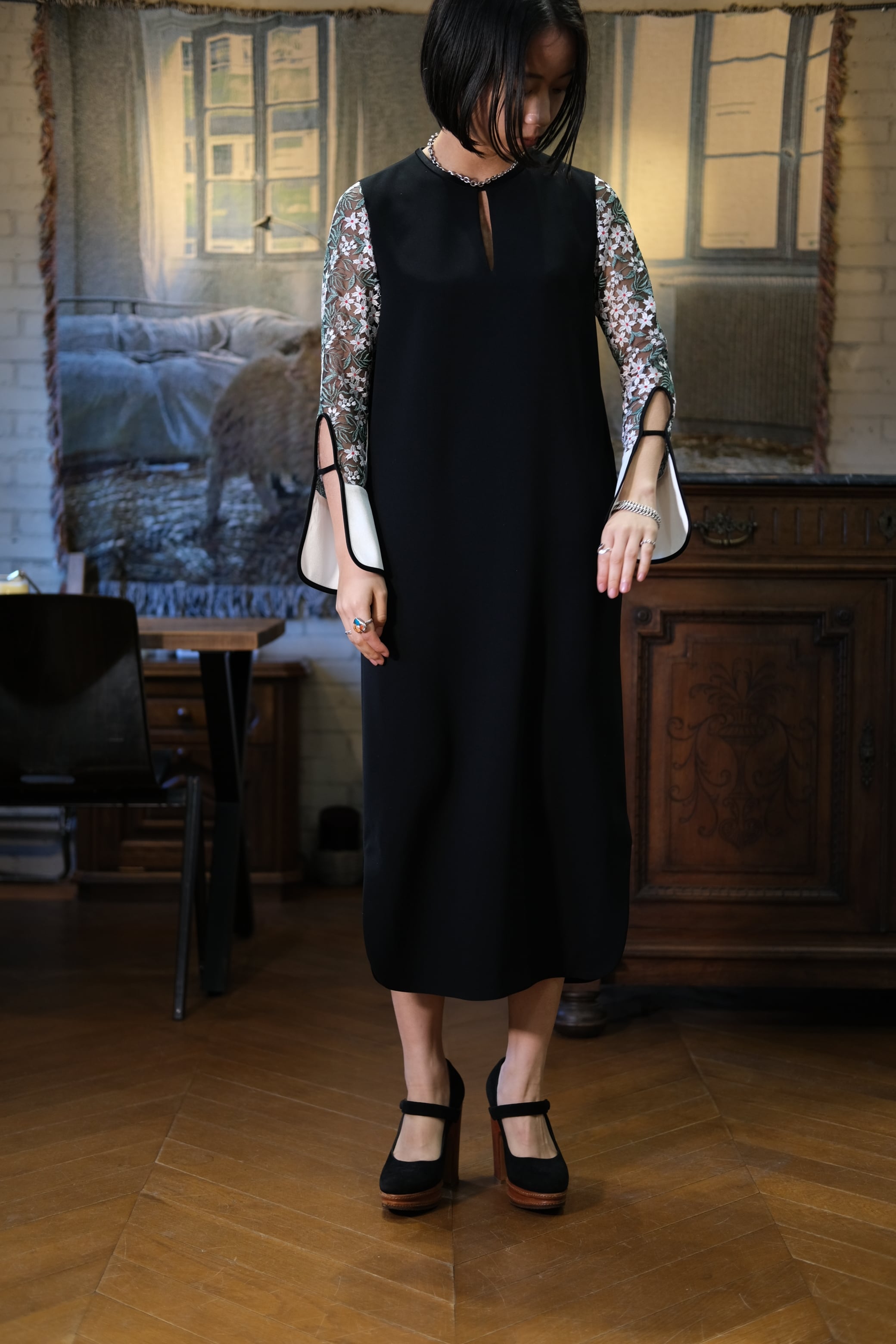 Mame Kurogouchi】Floral Lace Sleeve Dress - black×white | loop