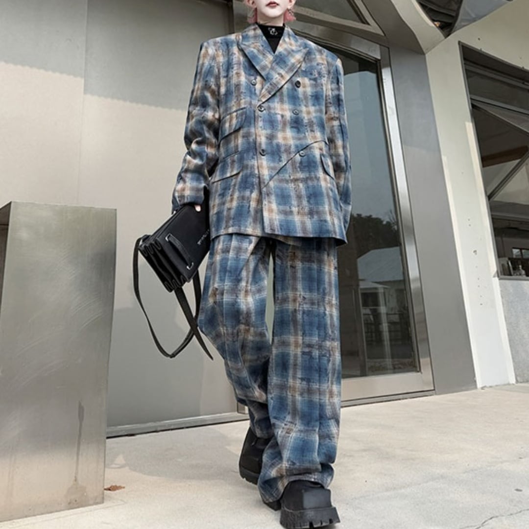 レトロチェック柄 ダブルブレストスーツ セットアップ 2カラー D11392