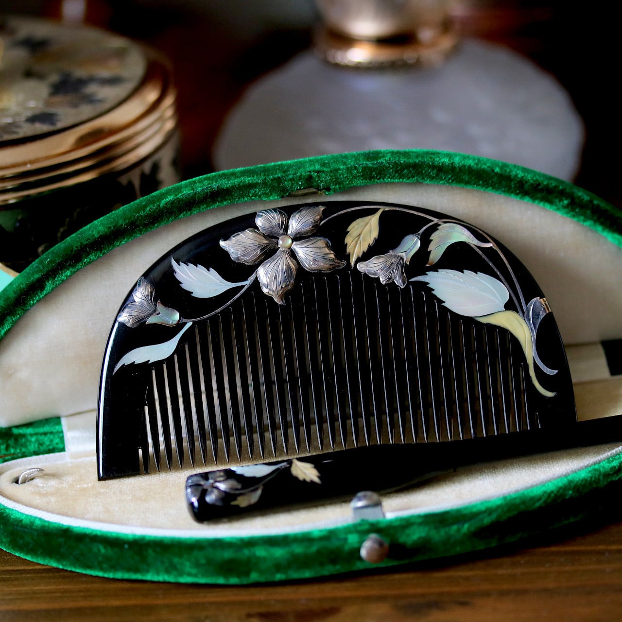 銀細工 貝象嵌 黒鼈甲のアンティーク櫛と笄のセット | 結antiques