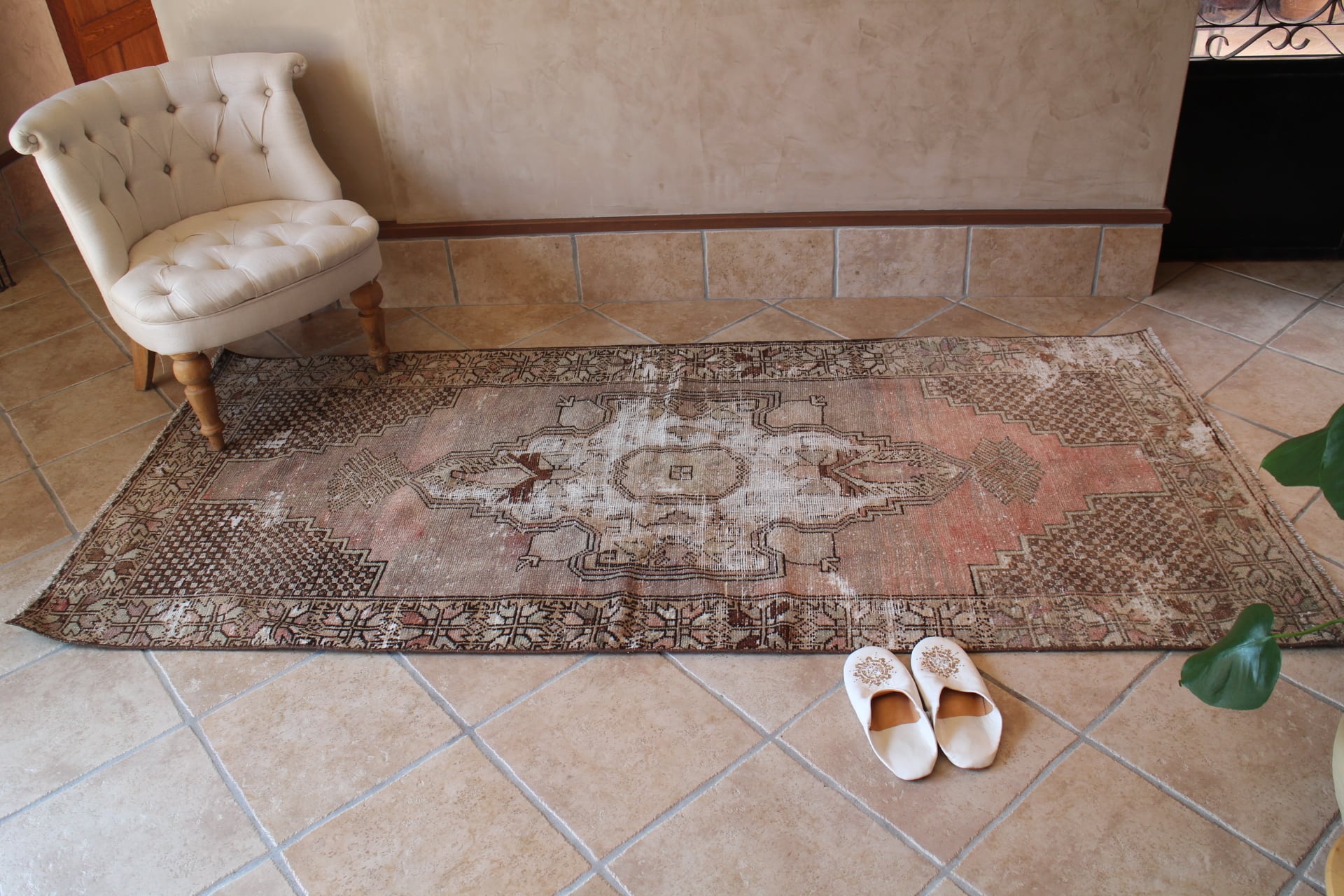 くすみピンクとグレーのヴィンテージトルコラグ 石田ゆり子さん No.664