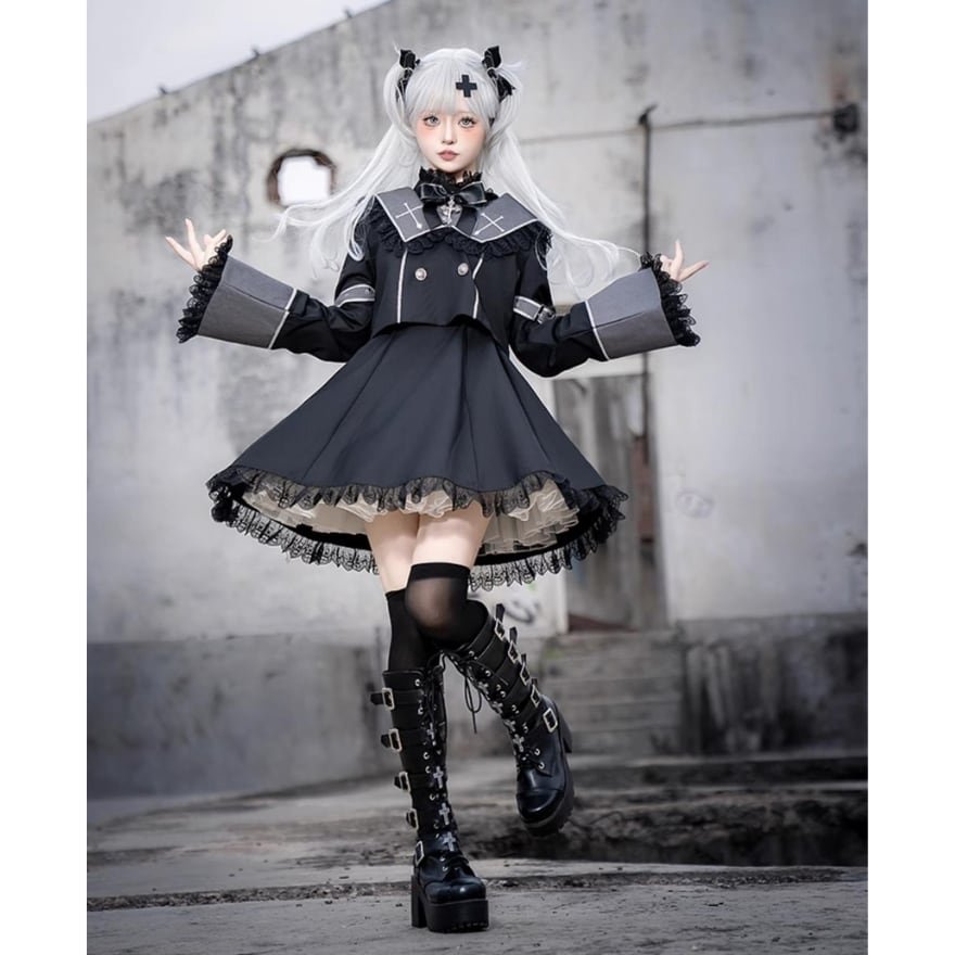 ゴシック 制服 男装 皇子系 ゴスロリ 3点 フルセット ワンピースタイプ
