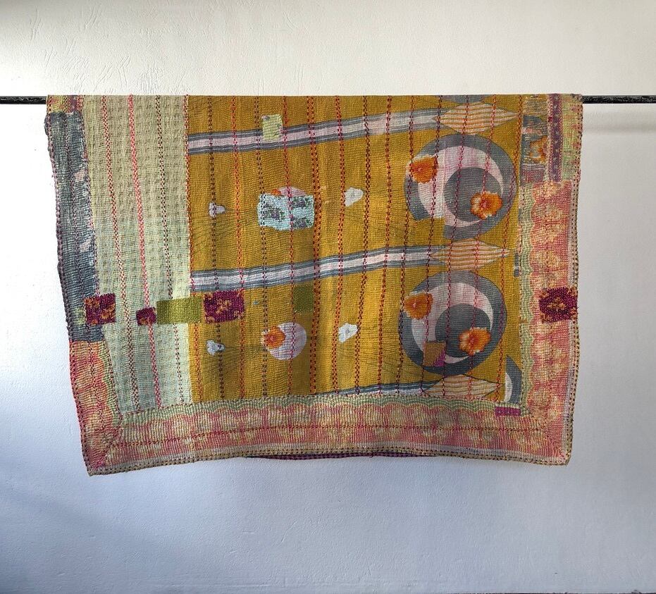 Vintage kantha quilt purple & yellow ヴィンテージカンタキルト