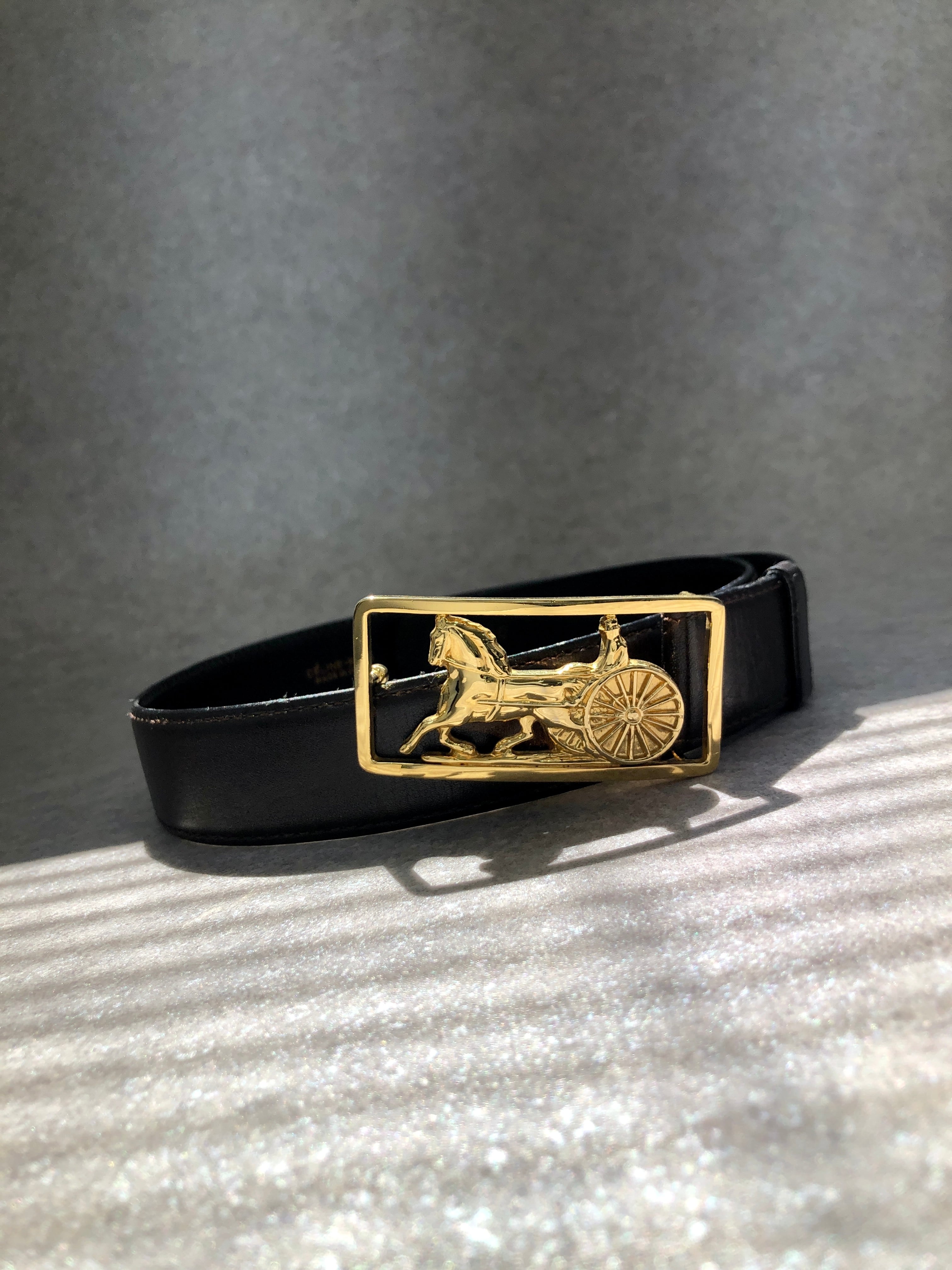 CELINE セリーヌ ベルト ブラック ゴールド 馬車 レザー vintage