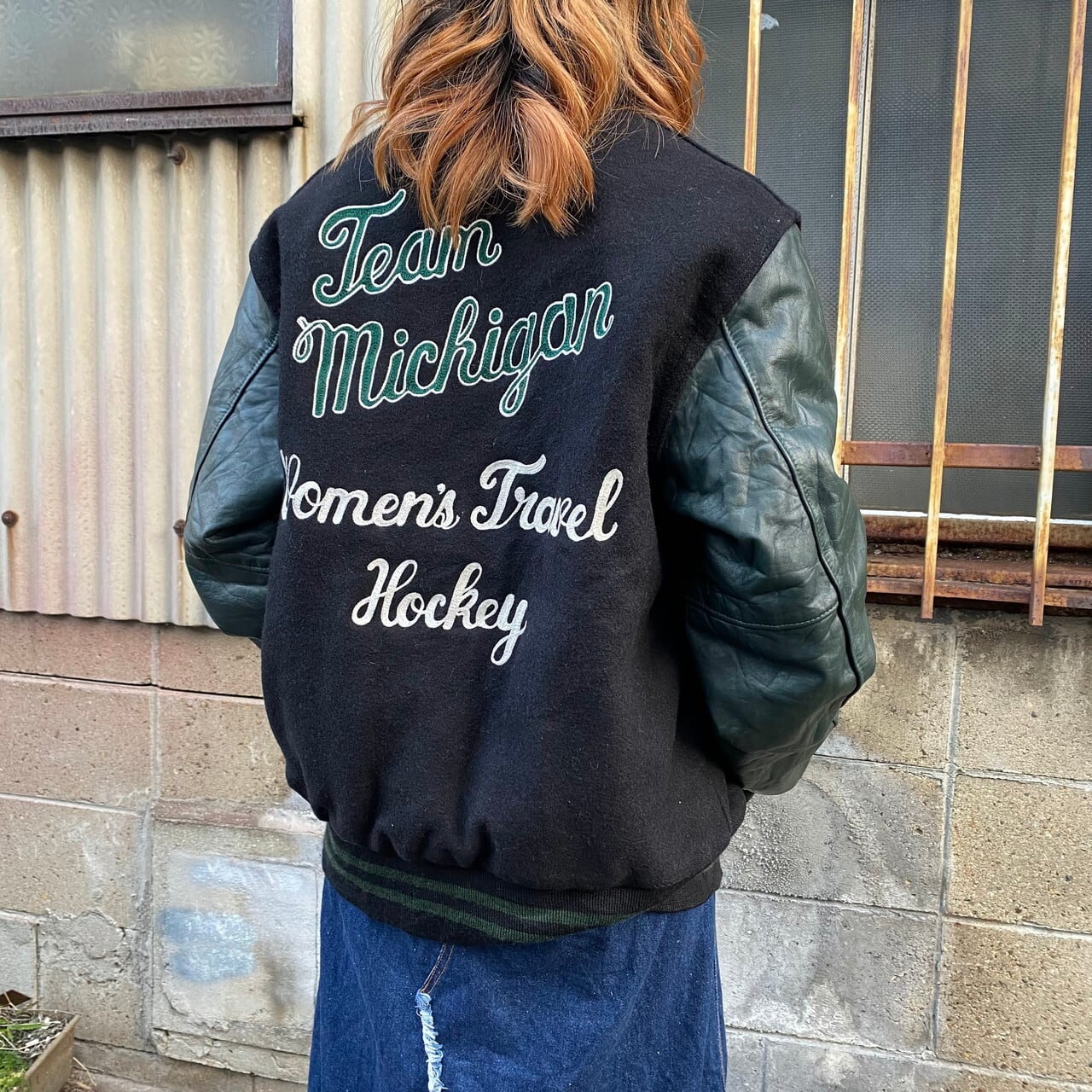 80年代 USA製 Holloway 袖レザー ウールスタジャン チェーン刺繍