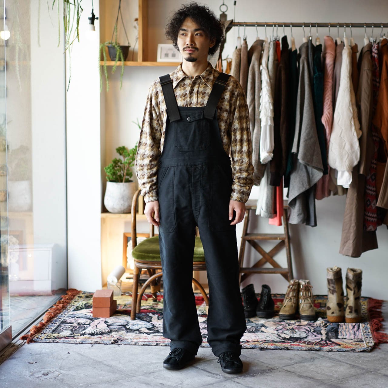レア モールスキン ユーロワーク オーバーオール リメイク(ブラック