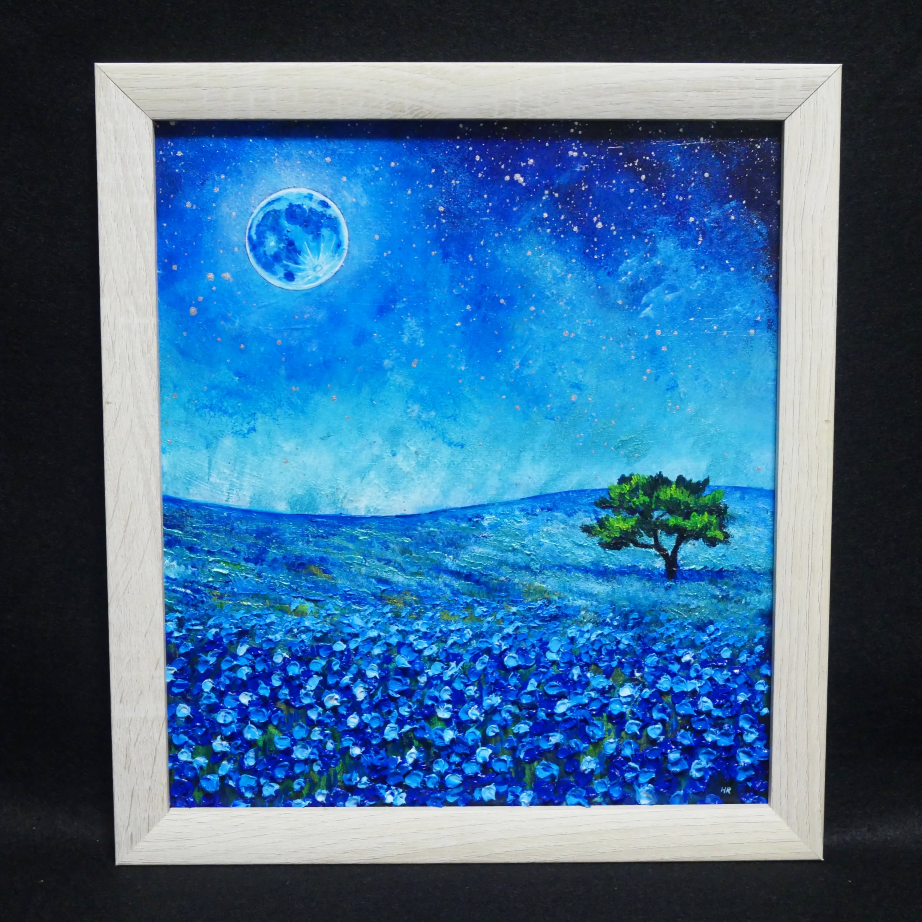 油絵 油彩 油彩画 絵 絵画 【ネモフィラと青い満月と星空】 | HIROSHI1990