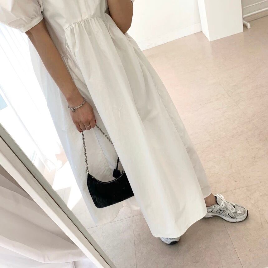 2色展開 ハイウエスト切り替え パフスリーブワンピース【グレー