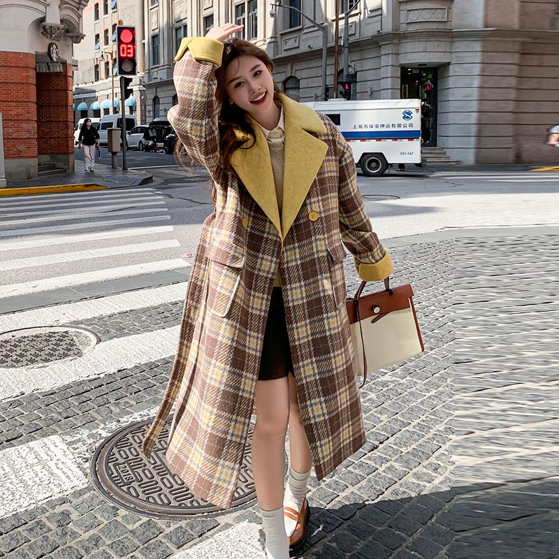 冬の女性用チェック柄コントラストカラーのパッチワークウールコート