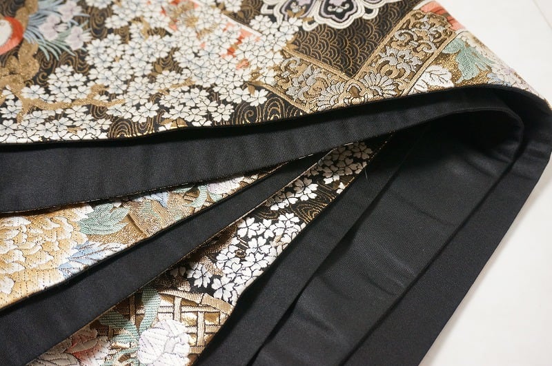 24K純金箔 九百錦 鴛鴦 オシドリ 牡丹 袋帯 金糸 黒 176 | kimono Re