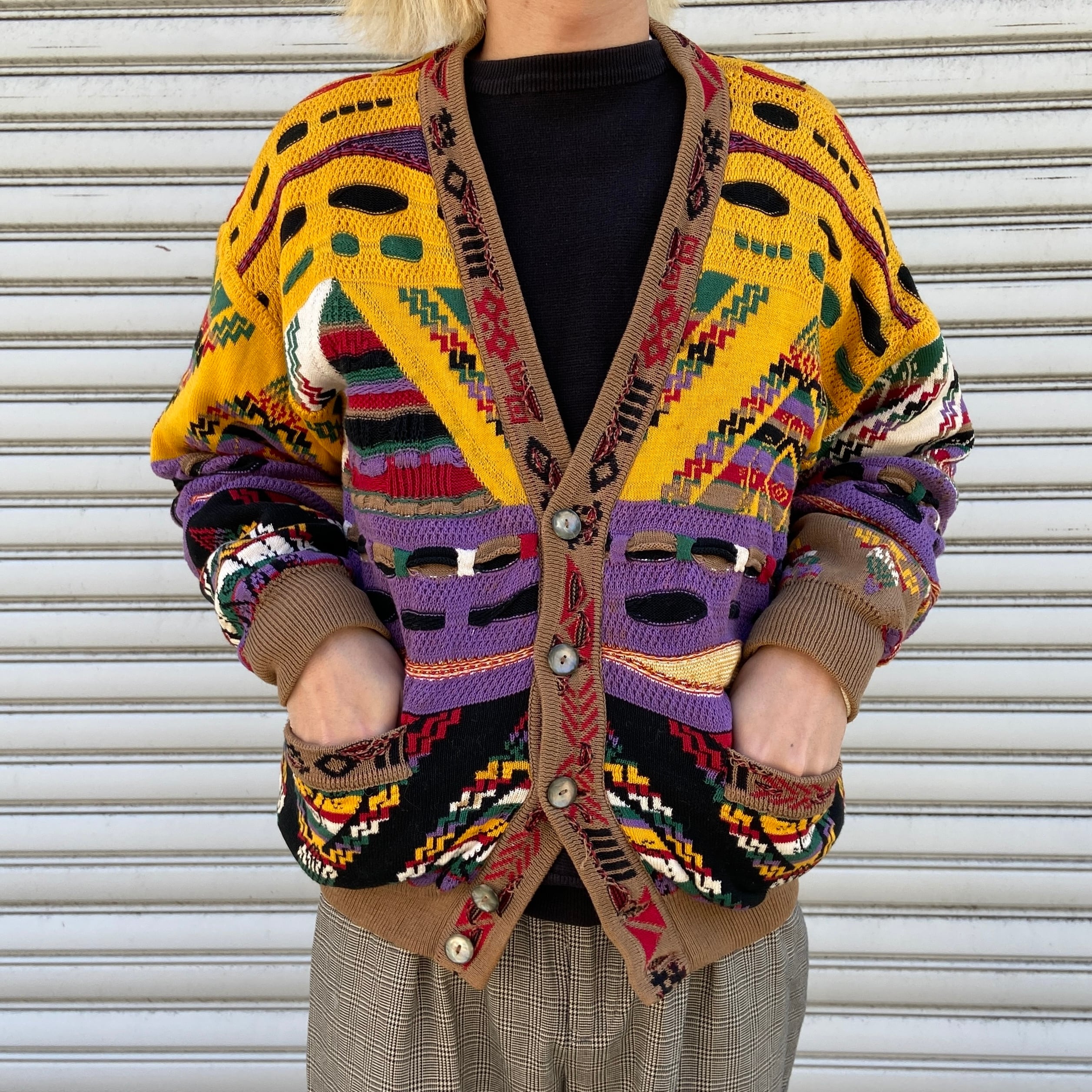 90s COOGI クージー 3Dニットカーディガン 総柄ニット 黄色 M | 古着屋 Uan