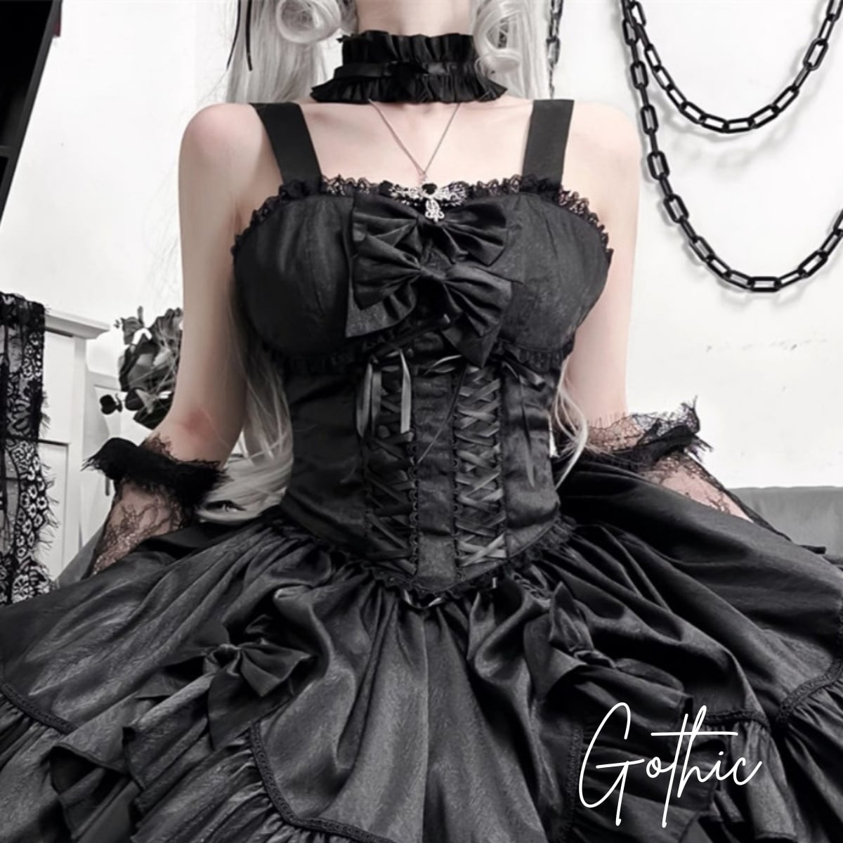 地雷系 ゴシック ドレス 甘辛MIX ダークファッション ネックストラップ