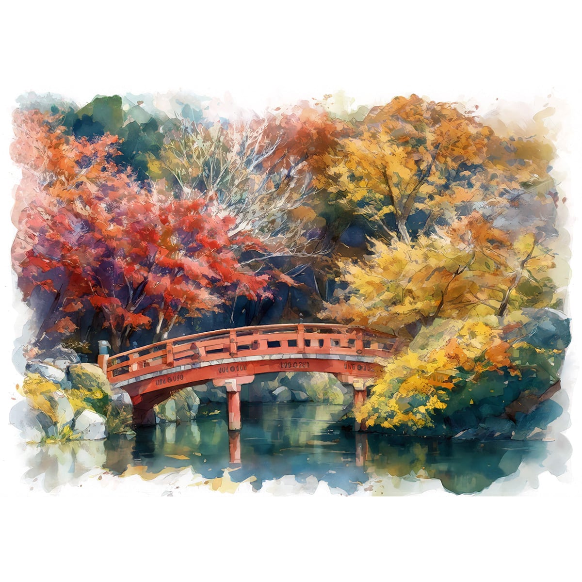 絵画 秋の日本庭園の風景 インテリアアート額付き 水彩画・油絵風