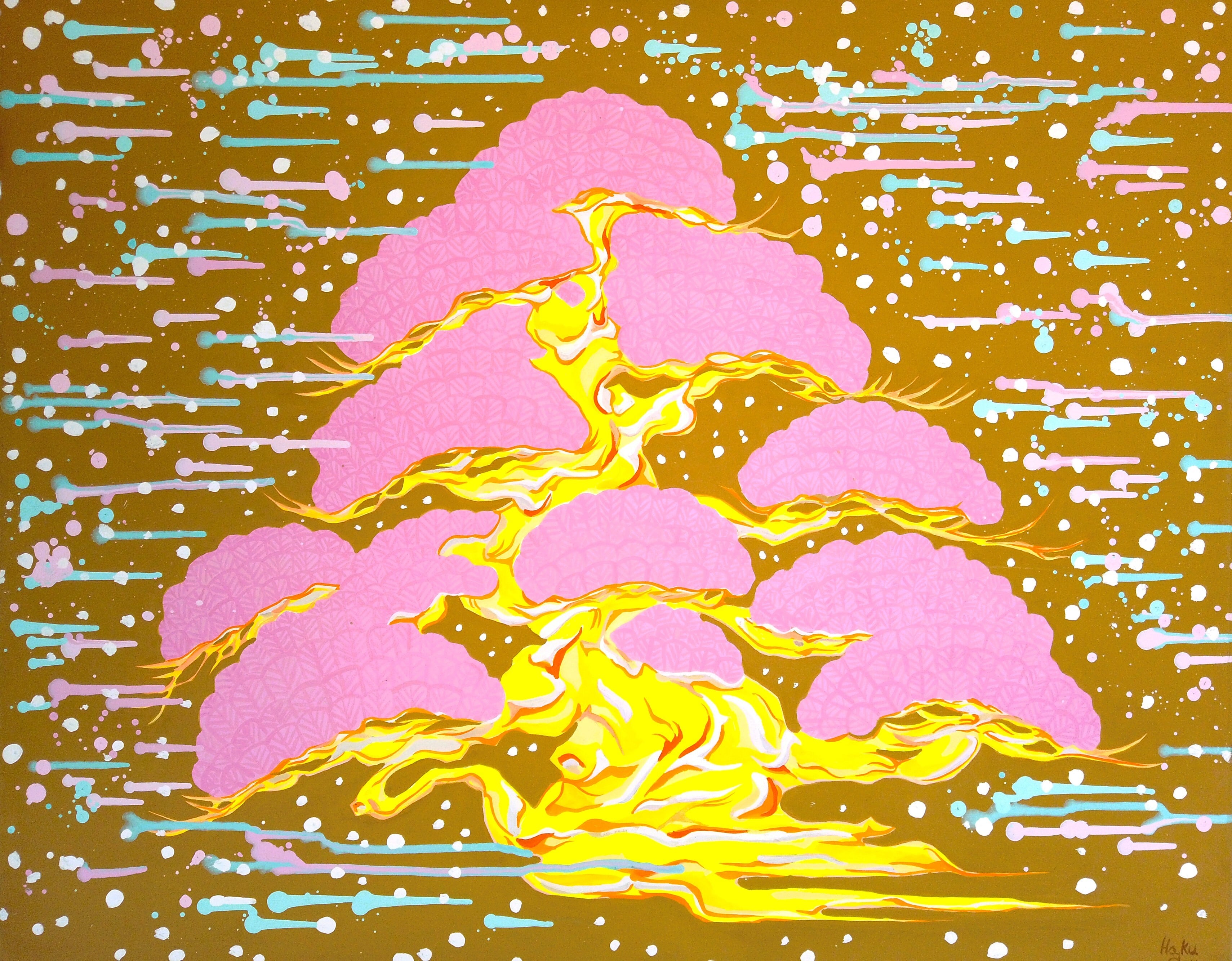 現代水墨画家 絵師白道 「Flying Bonsai （Pink）」直筆作品 証明書