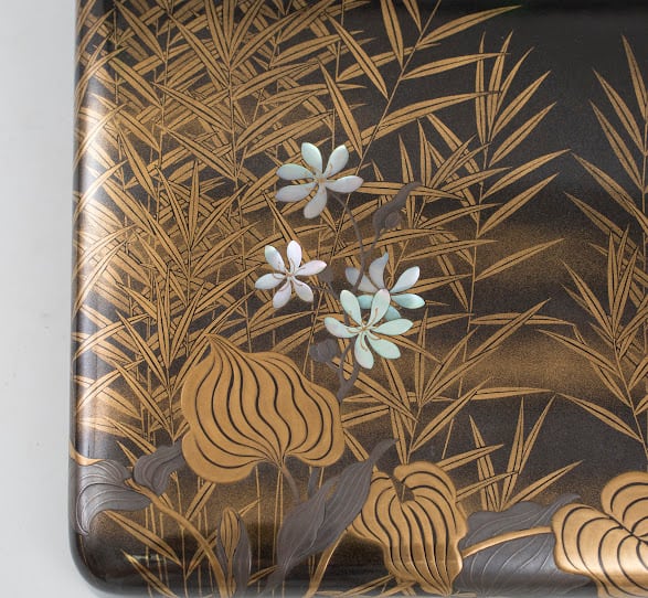 葦鷺図 サギ 芦 アシ 水辺 水草 月 鳥 水草 蒔絵 硯箱 梨地 梨子地