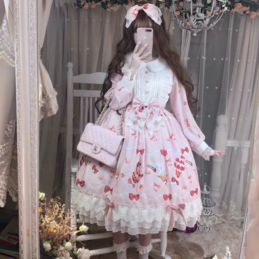 イチゴのデザート OP 長袖ワンピース ロリータ ピンクのレース | Epic