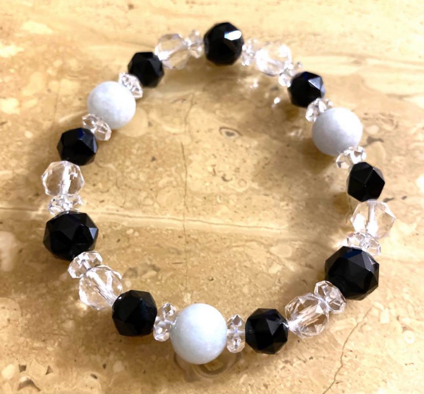 魔除け モリオン× 成功の石 翡翠 ×水晶のコラボ ブレスレット | Peach