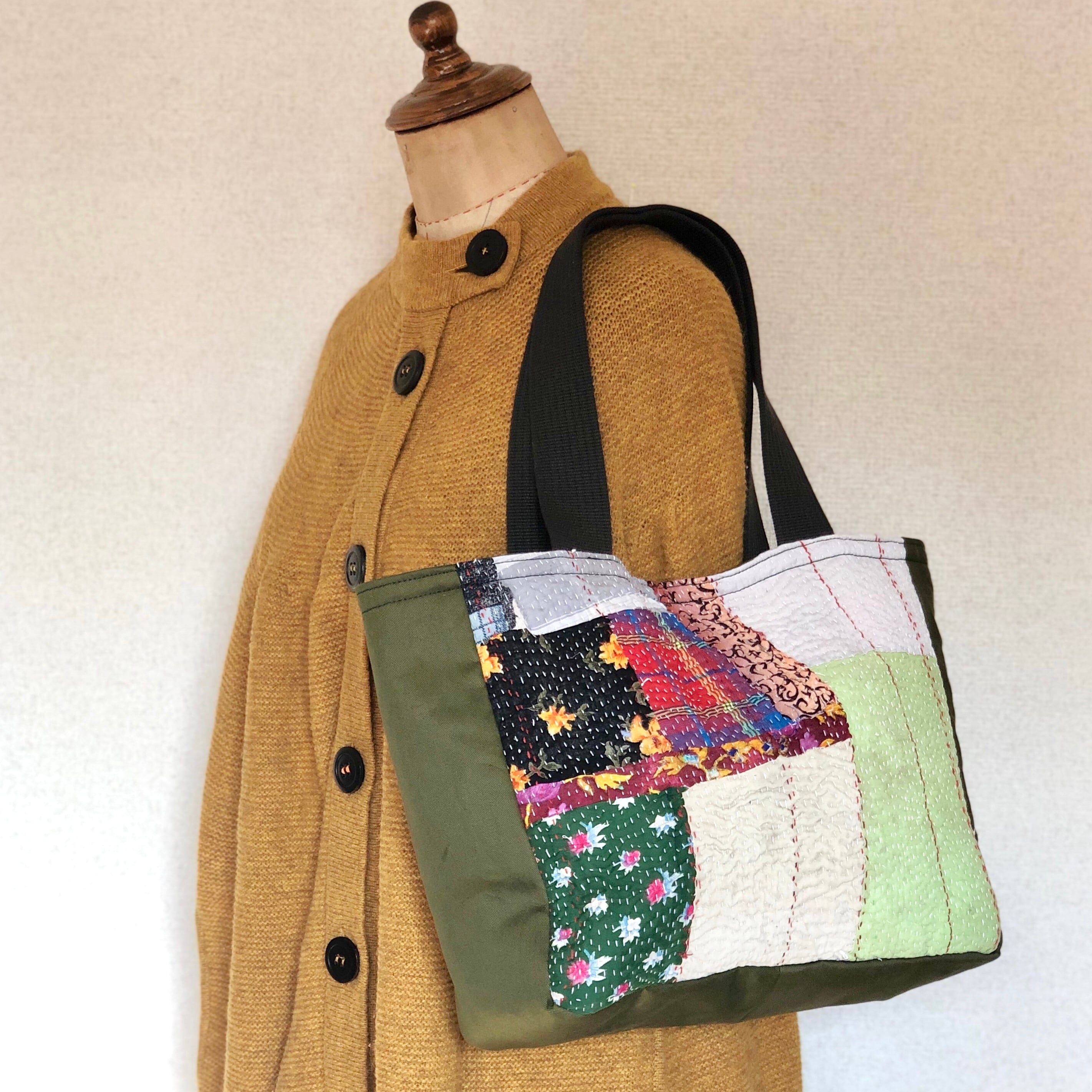 パッチワークラリーキルトのバック ヴィンテージ トートバッグ 刺し子