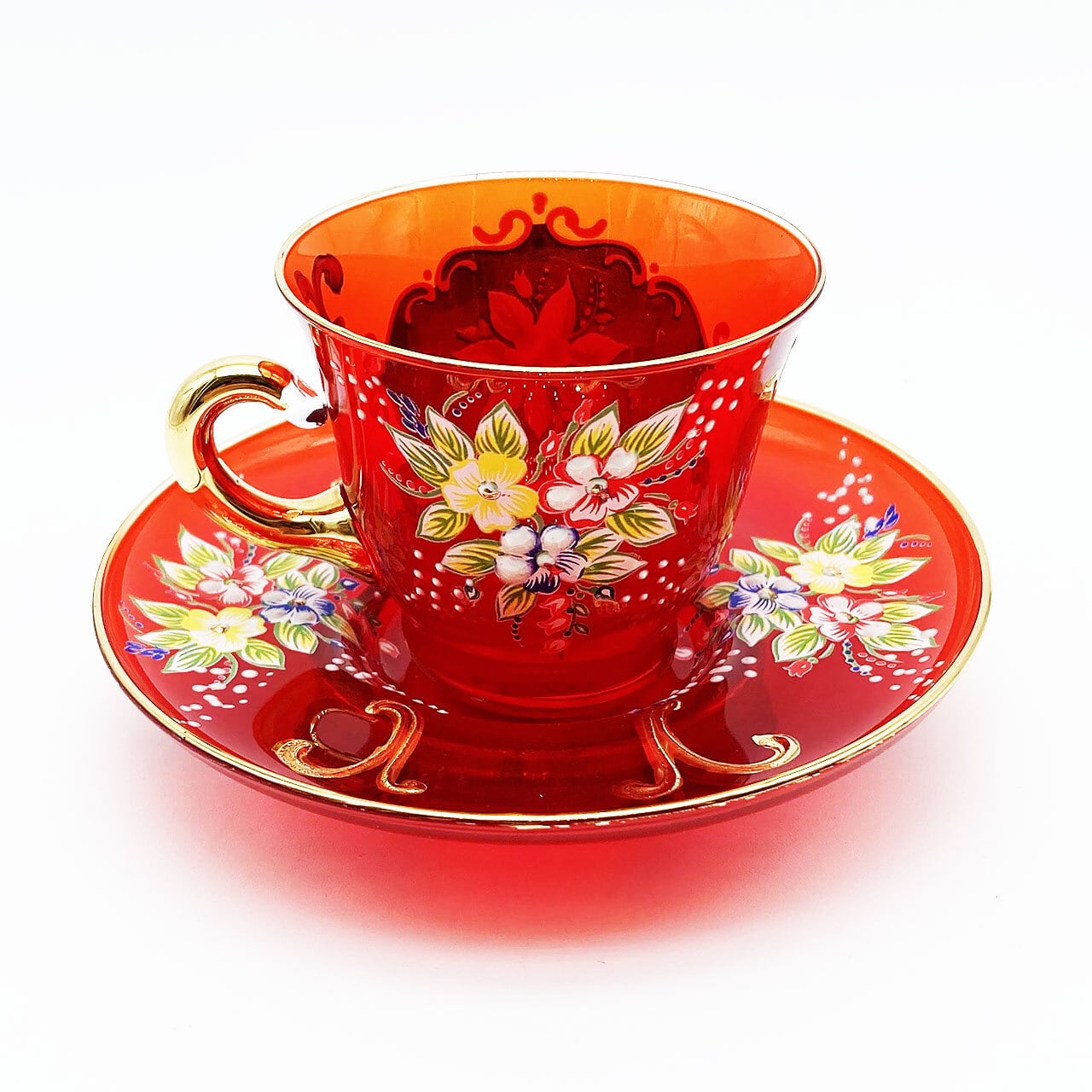 ベネチアングラス ムラノ イタリア カップ＆ソーサー レッド 金彩 花紋