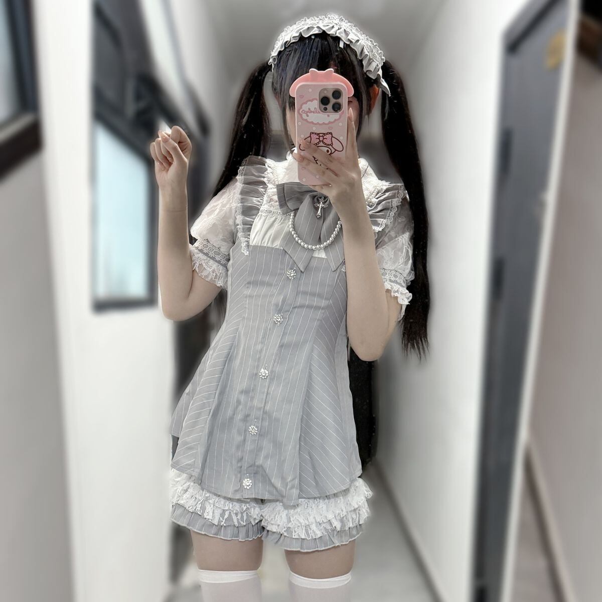 地雷系ストライプ柄パールリボンセットアップ | Maiden's Rêve