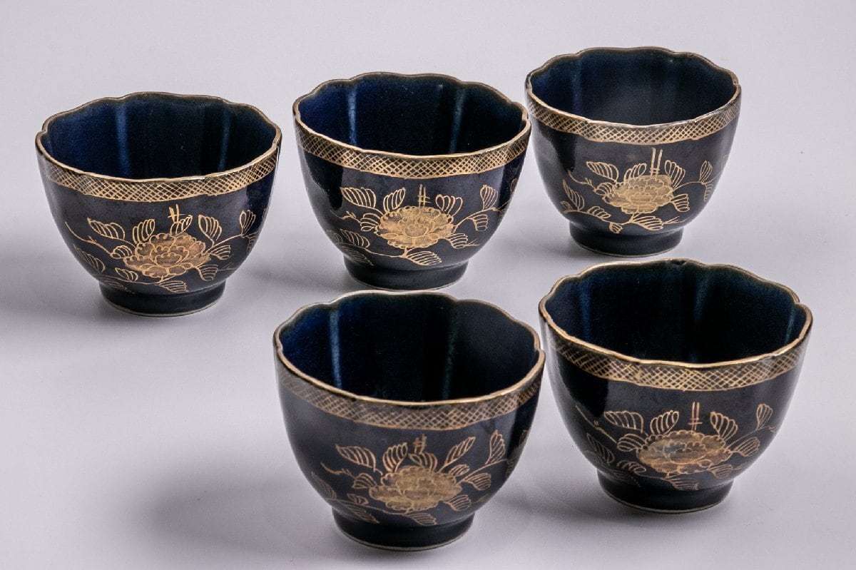 古伊万里 瑠璃金彩 向付5客 直径11.5㎝木箱付タルチ 東な8-0121☆2F 古