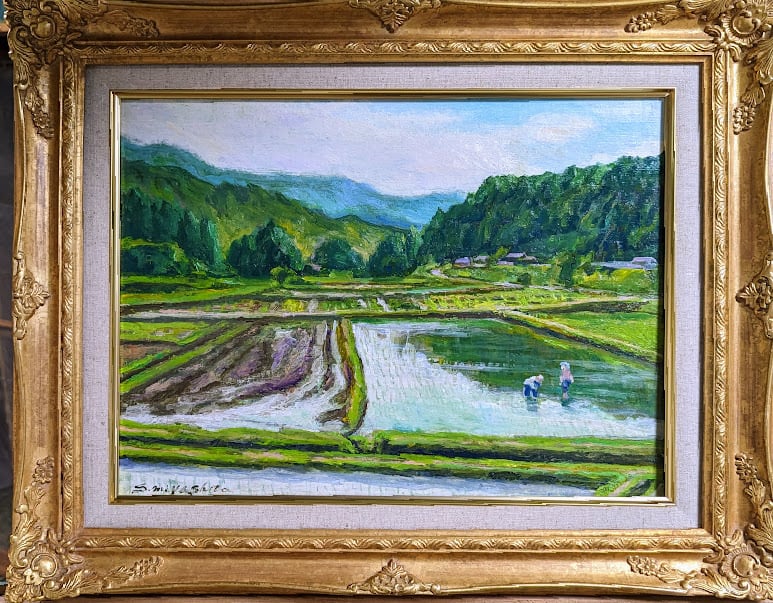 油絵 漆 田植え時 F6号 | 癒しの風景アトリエ一絵 宮下昭二