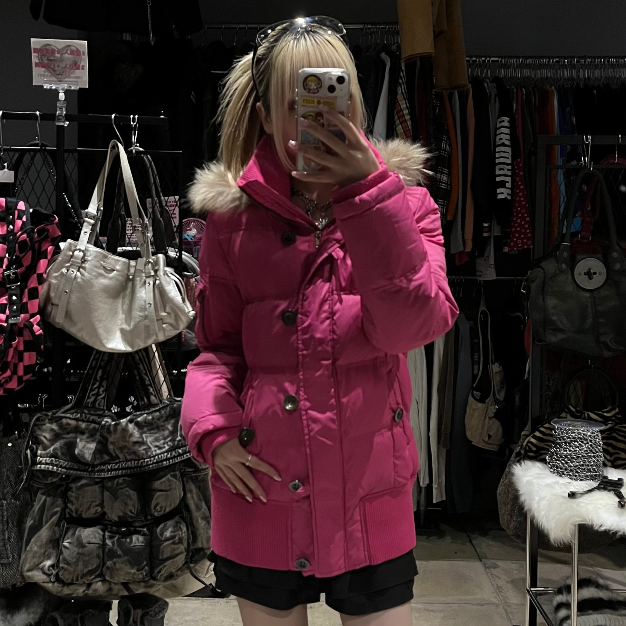 ファーダウンジャケット 平成 ピンク y2k | 古着屋 PINK
