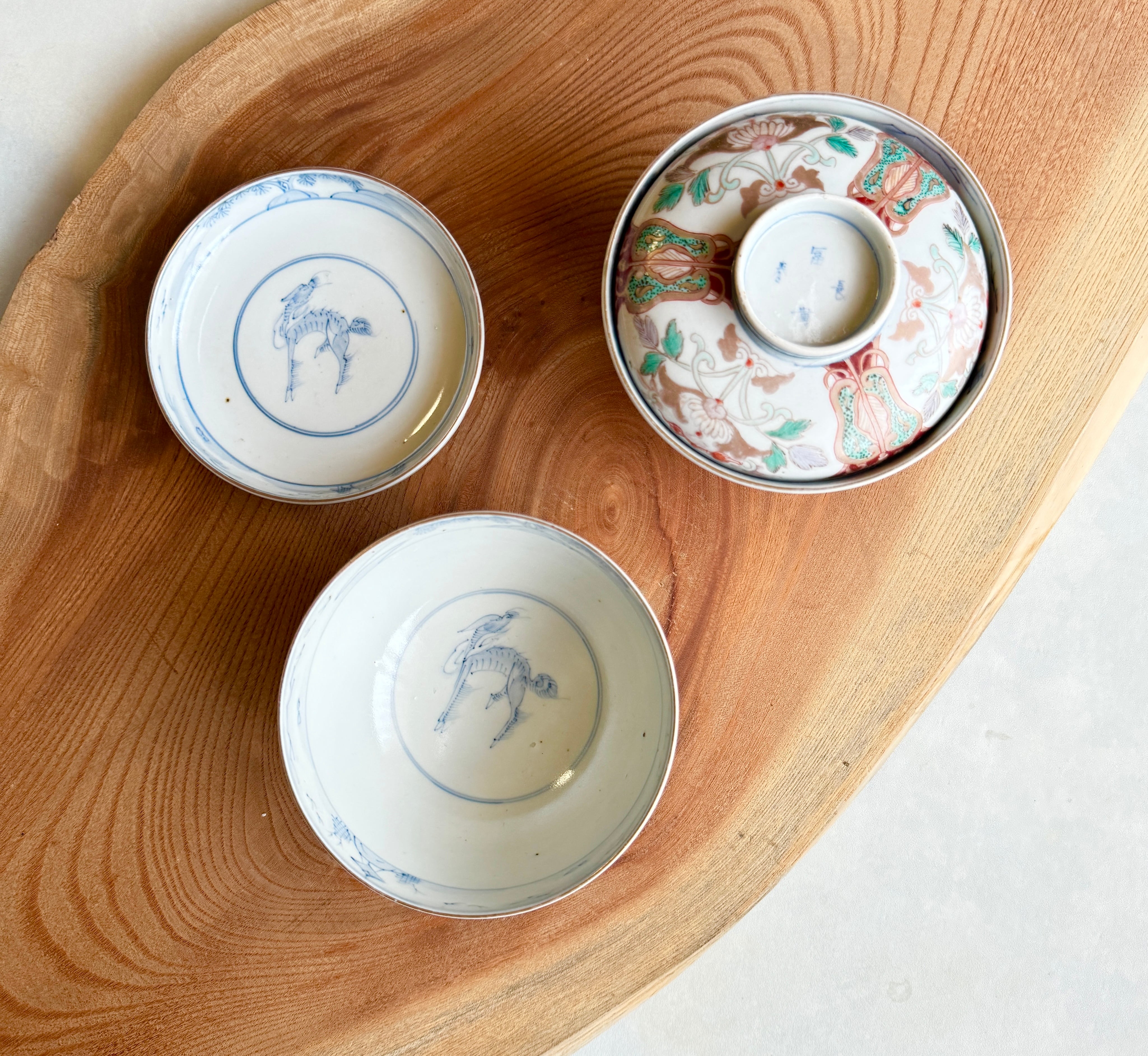 古伊万里手描き江戸期江戸時代幕末骨董品龍の図蓋付き飯碗5客