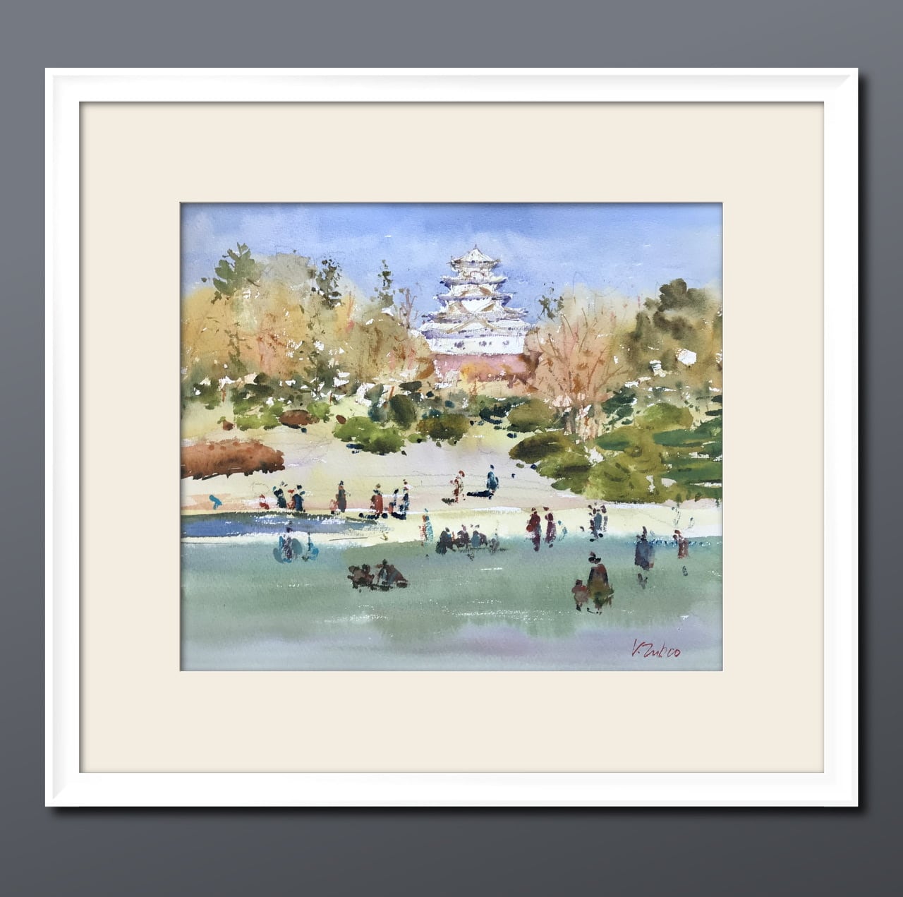 秋の福山城」水彩画 大きな作品 43.9×37.4 | ヴィタリアート