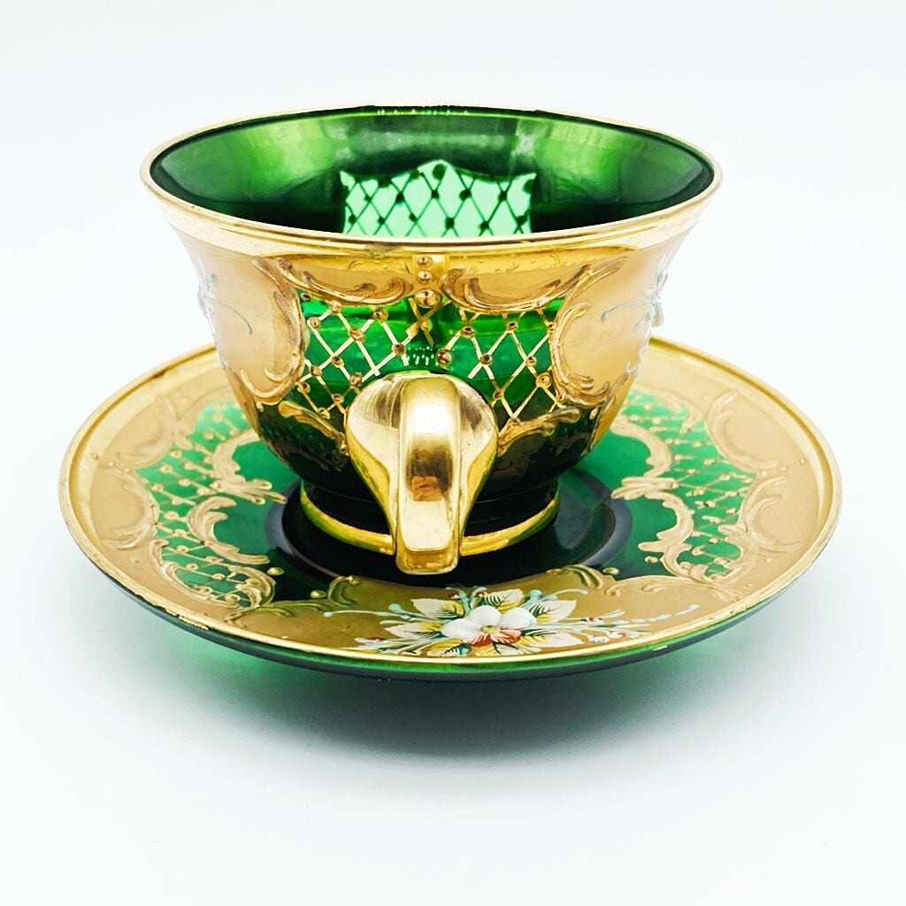 ベネチアングラス ムラノ イタリア カップ＆ソーサー グリーン