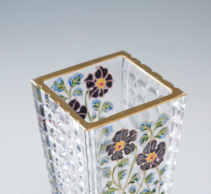 窯彩硝子 花器 雨宮喜能登 共箱 ガラス七宝 ガレの技法 花瓶 角形 四角