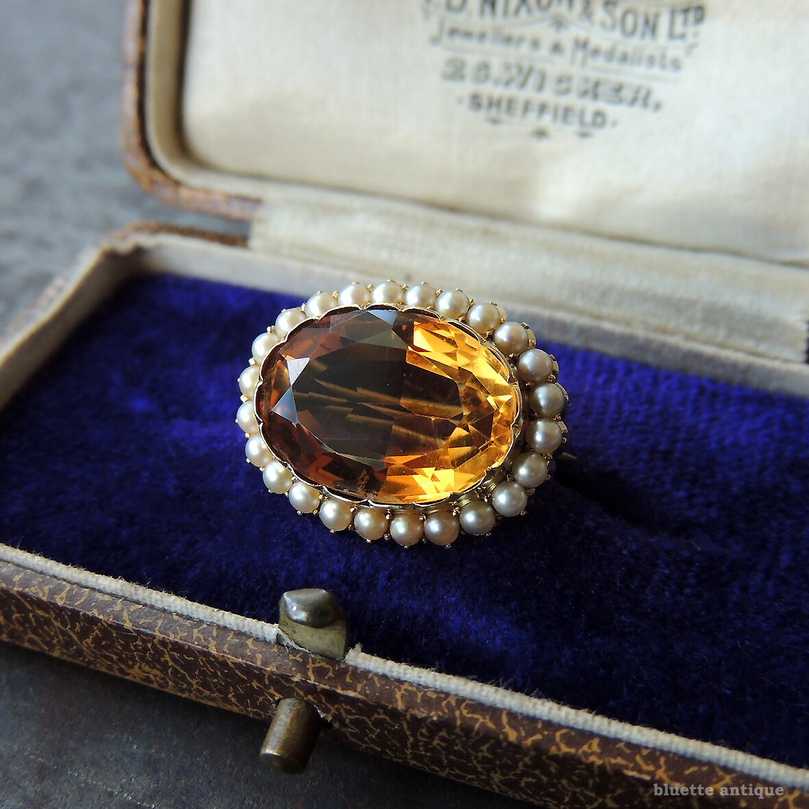 英国アンティークジュエリー 15ctゴールド 天然シトリン 真珠 レース