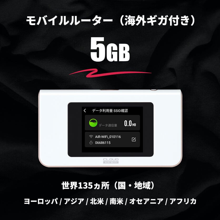 海外ギガ（5GB）+ モバイルルーター（HUNDRED Wi-Fi チャージ Type