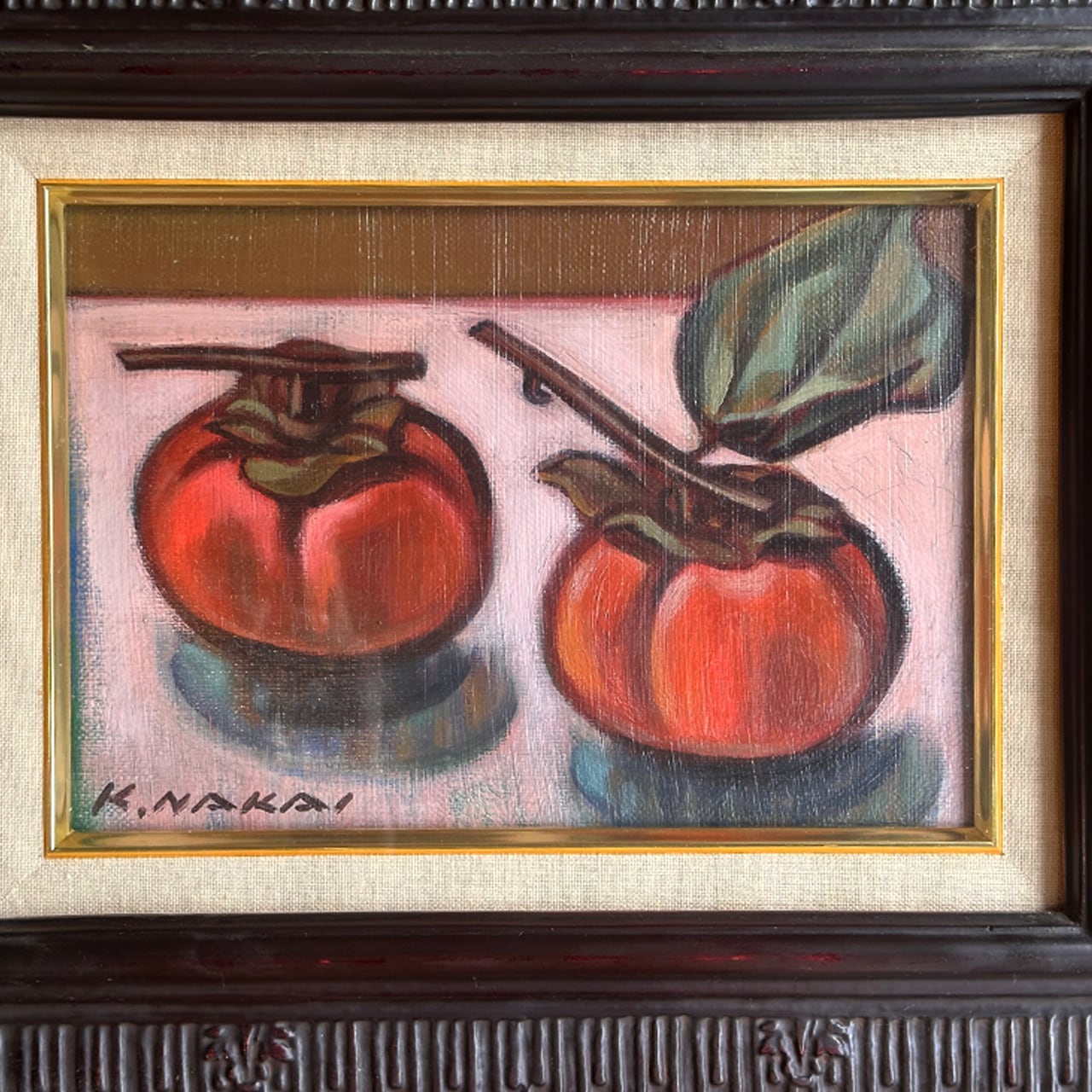 油彩作品「柿二つ」 | 「シナモン」小さなハープと絵画の販売