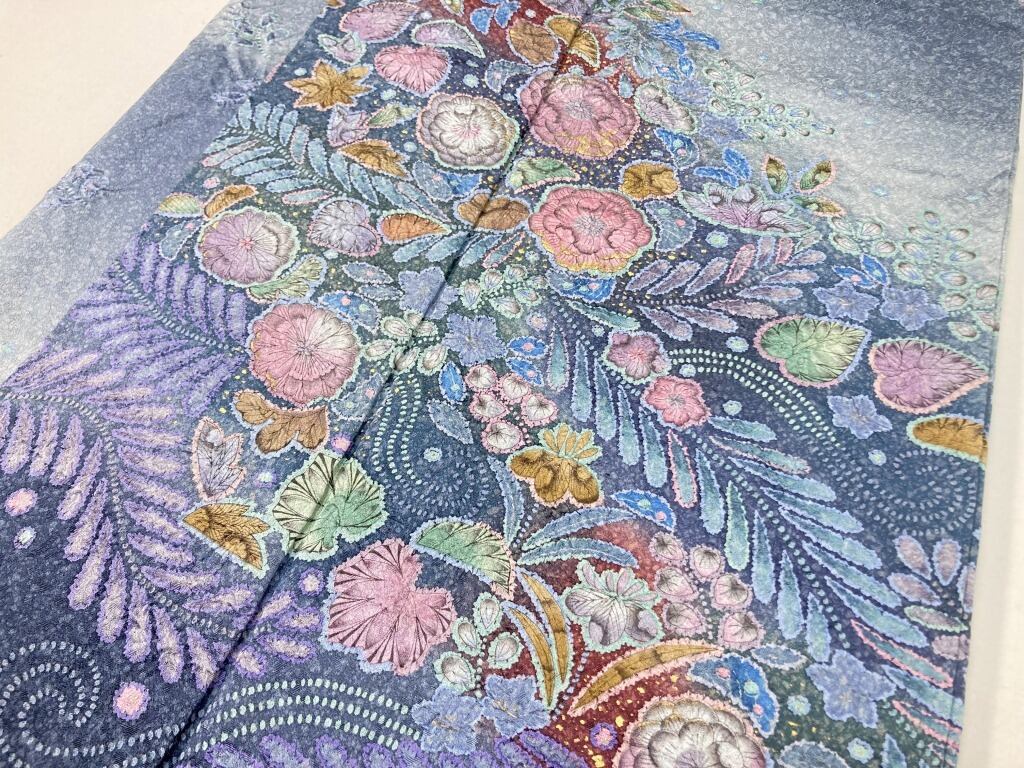 辻が花 絞り 紋意匠 トールサイズ 金彩 訪問着 正絹 袷 青 ブルー 紫