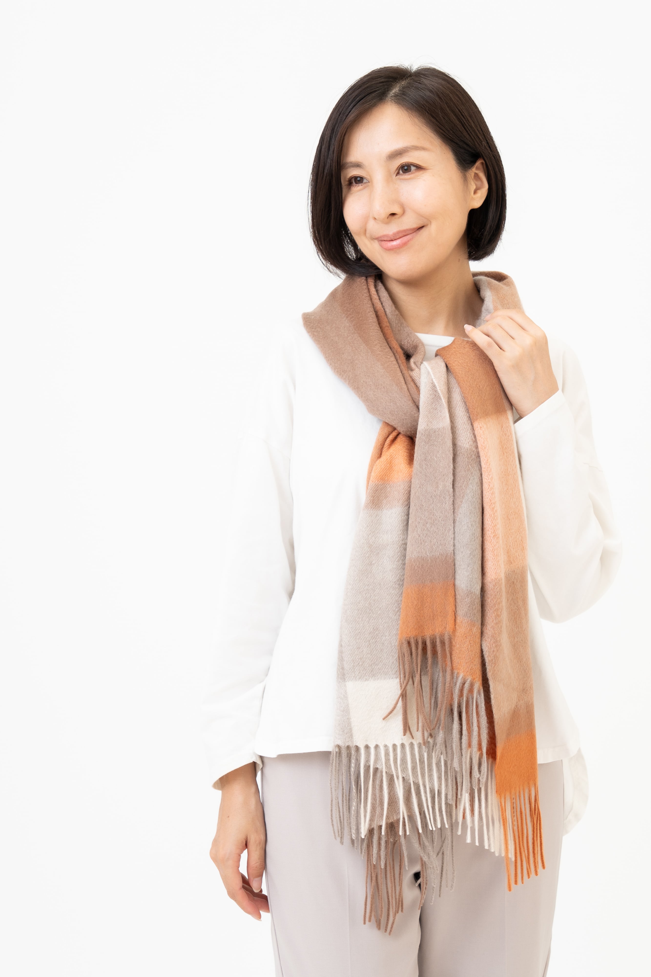 Kamogawa - カモガワ/ハニーベージュ チェック大判ストールカシミヤ100