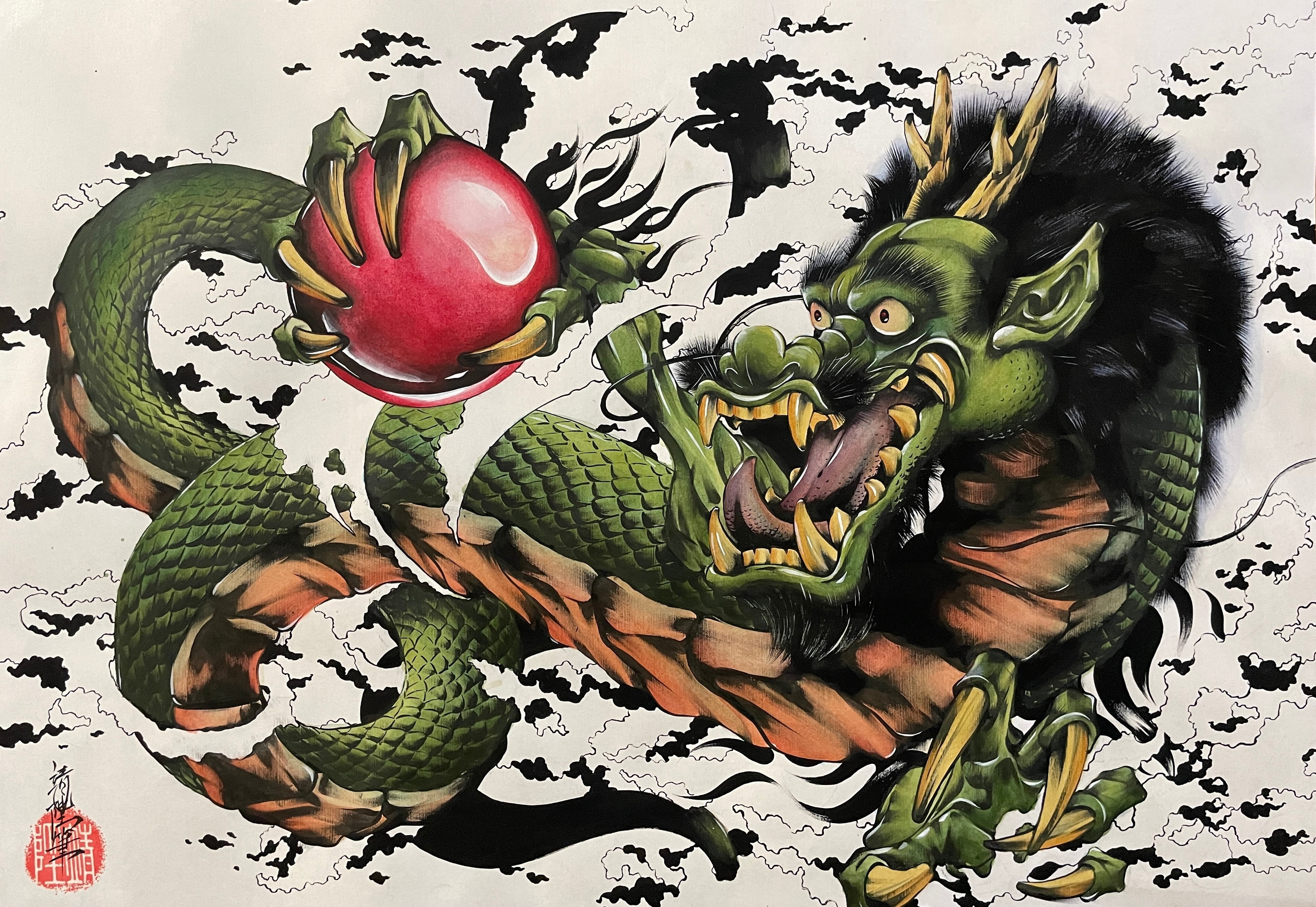 墨彩画【如意宝珠龍神図】フレーム付 | Yasunori Kimata