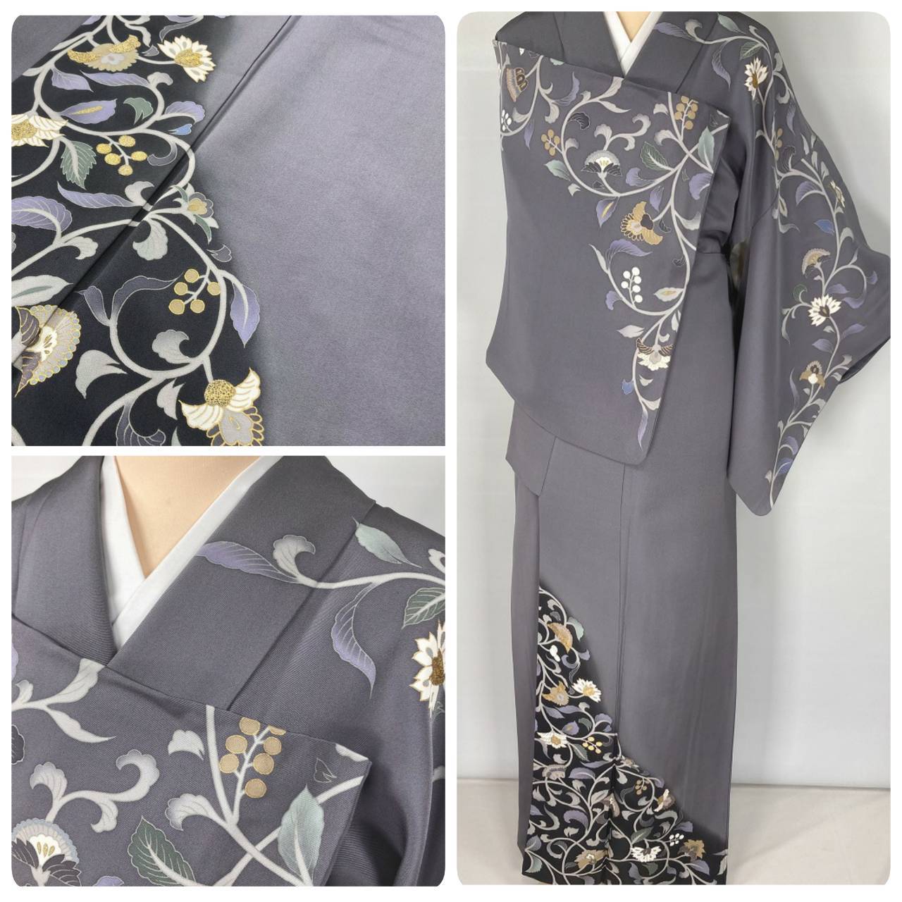 京友禅 刺繍 金彩 唐花 訪問着 袷 正絹 黒 紫 グレー 1168 | kimono Re