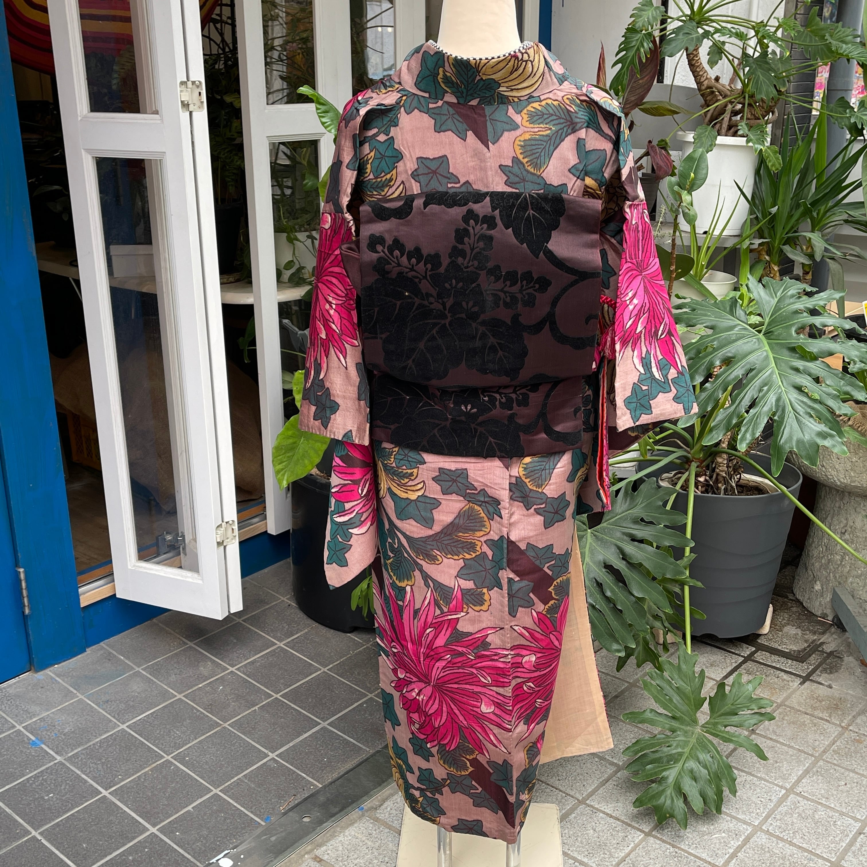 アンティーク着物 茶系 あずき 大輪の菊 大正ロマン カジュアル